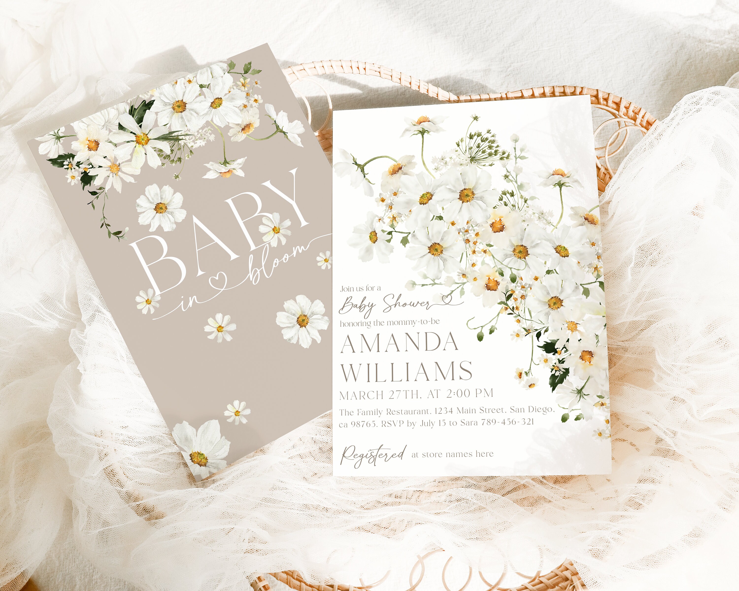 Floral Daisy Baby Shower Invitation, Beige Boho (PDF & JPG) - Etsy