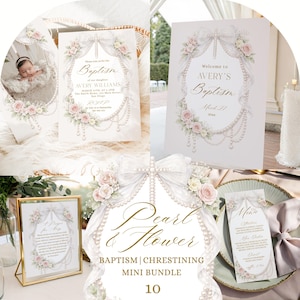 May include: A baptism stationery set featuring white cards with gold text, pearl-draped frames, and soft pink floral accents. The designs include a welcome sign, invitation, prayer card, and menu, all decorated with a cross and ribbon motif.