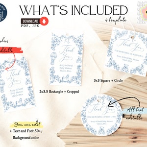 May include: Four printable baby shower thank you tags with a blue and white floral design. The tags are in different shapes and sizes, including a rectangle, square, and circle. The text on the tags reads "Thank You" and includes the names "Avery & David" and the date "March 20xx".