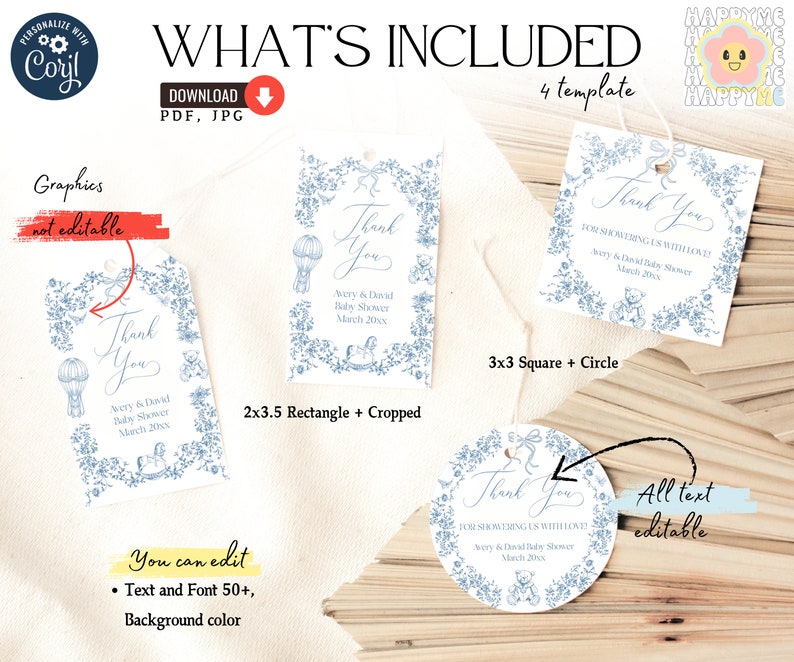 May include: Four printable baby shower thank you tags with a blue and white floral design. The tags are in different shapes and sizes, including a rectangle, square, and circle. The text on the tags reads "Thank You" and includes the names "Avery & David" and the date "March 20xx".