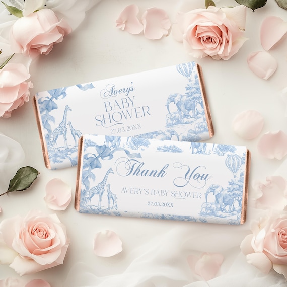 Editable Chocolate Wrappers Blue Toile Safari Baby Shower Favors, Candy Bar Wrap, Safari Animal Printable Custom Wrap Download