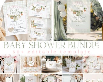 Paquete editable para baby shower de niña con verduras de cultivo local y plantilla digital de lazo con verduras del mercado.