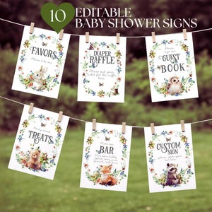 Letrero de baby shower con temática de bosque, letrero de mesa con temática de animales del bosque, paquete de letreros con vegetación forestal imprimible, descarga de plantilla digital para baby shower