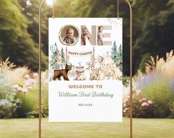 One Happy Camper Birthday Welcome Sign: Woodland Animals Decor (Digital Template)