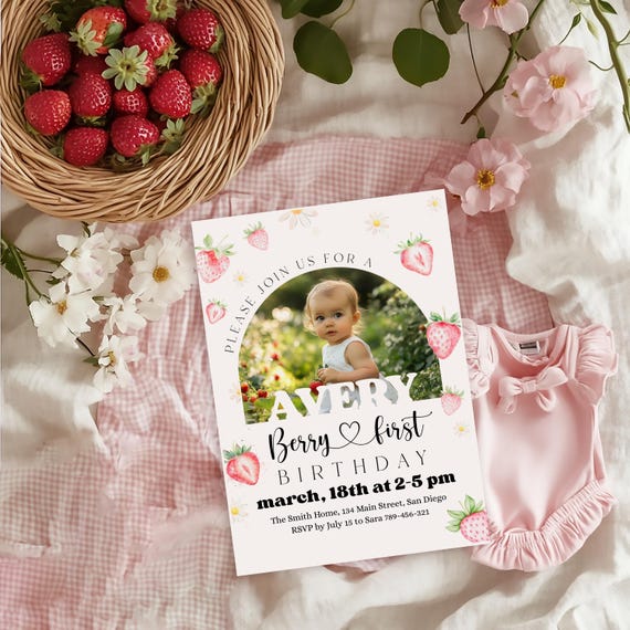 Berry Sweet First Birthday Invitation, Strawberry 1st Birthday Invite, Baby Girl Berry Sweet One Invites with Photo, Editable Template