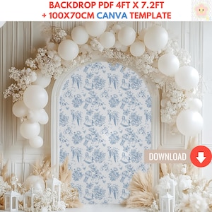 Toile De Jouy Blue Baby Shower Backdrop, Vintage Baby Shower Decor, Printable Party Props, Vintage Floral Baby Party Banner Digital Download