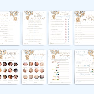 Bear Boy Baby Shower Games Bundle, Teddy Bear Blue Balloon Printable Games Template, Beer or Baby Belly, Baby Predictions, Baby Shower Game