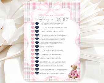 Gra na Baby Shower z różowym misiem: Mama czy Tata (Pobierz edytowalny szablon Canva)