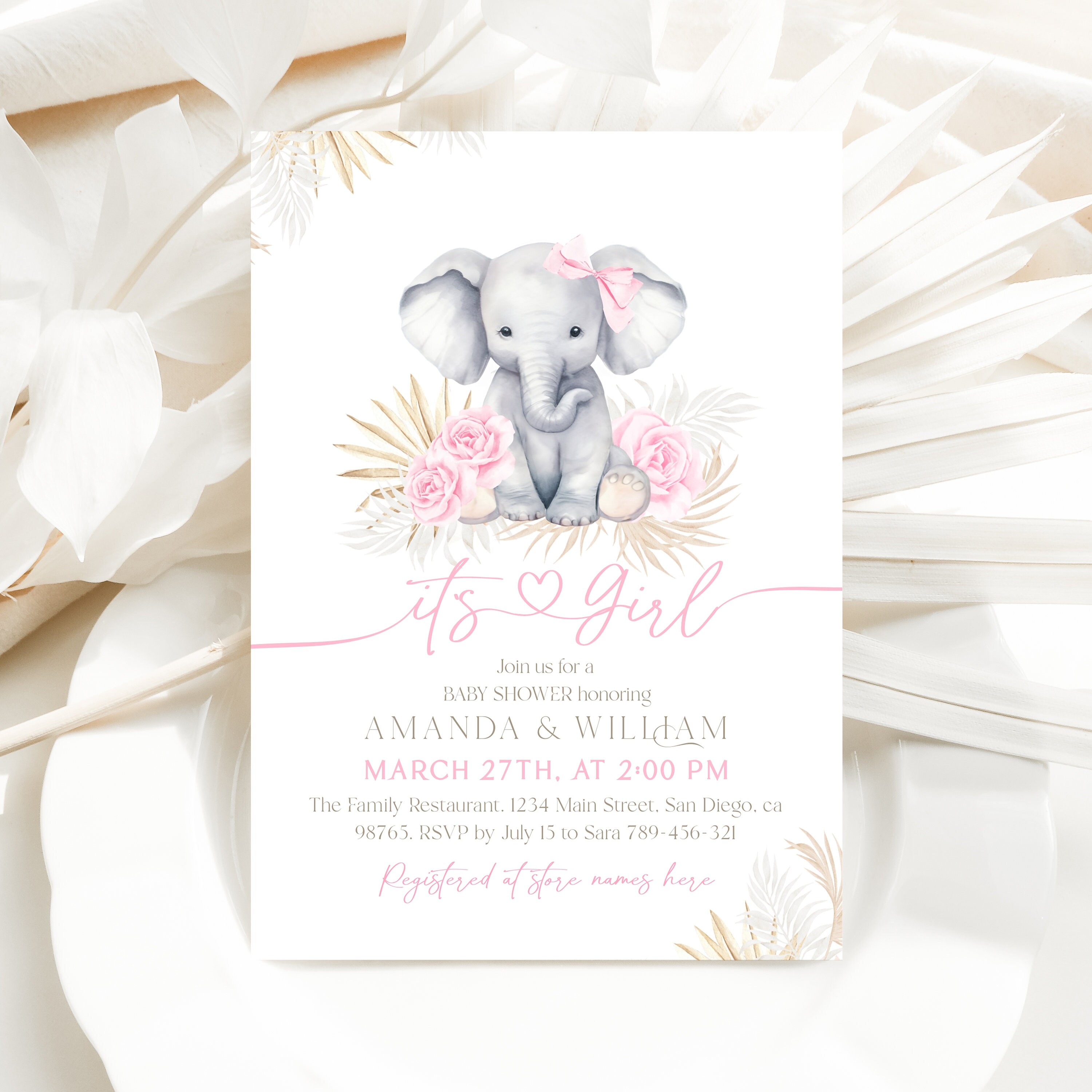 Editable Elephant Baby Girl Shower Invitation Template, It's a Girl ...