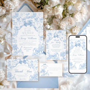 Blauwe toile safari babyshower uitnodigingsbundel, vintage Franse geheel blauwe bloemen strik uitnodiging, safari dierenthema, toile de jouy luierloterij