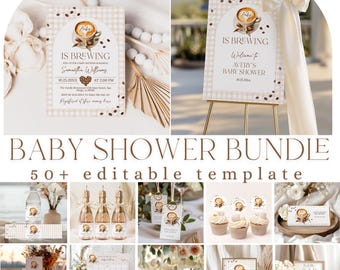 Baby is Brewing Shower Bundle Gender Neutral, Canva Editable Templates, Coffe Theme Printable Decorations and Games