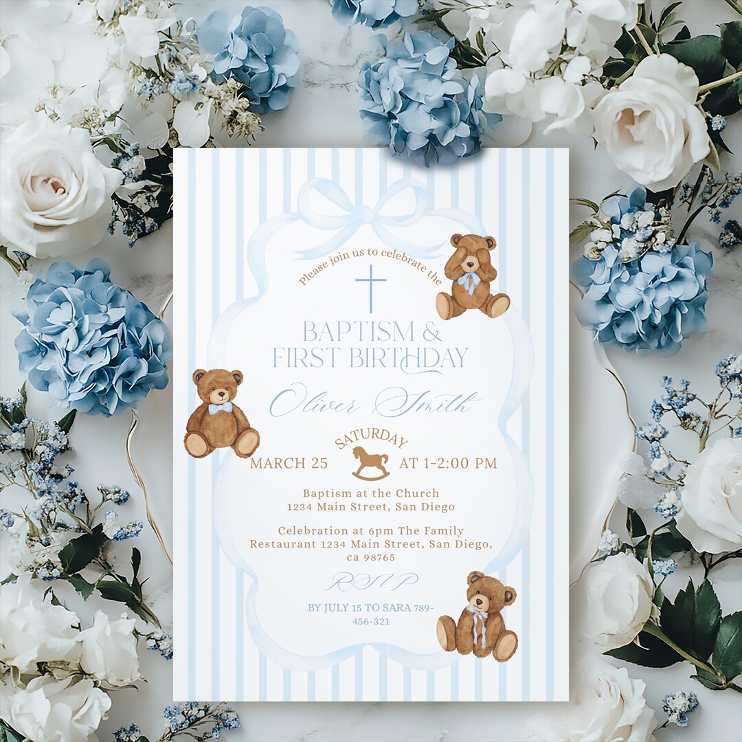 Editable Blue Classic Teddy Bear Baptism & First Birthday Invitation ...