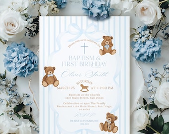 Editable Blue Classic Teddy Bear Baptism & First Birthday Invitation Template (Digital Download)