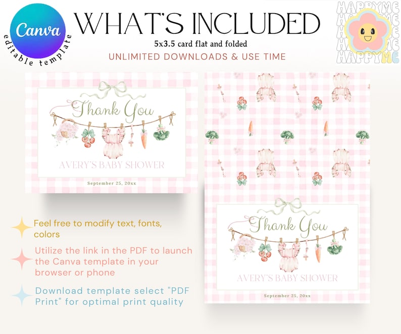 Editable Thank You Card, Locally Grown Girl Baby Shower Thanks, Pink ...
