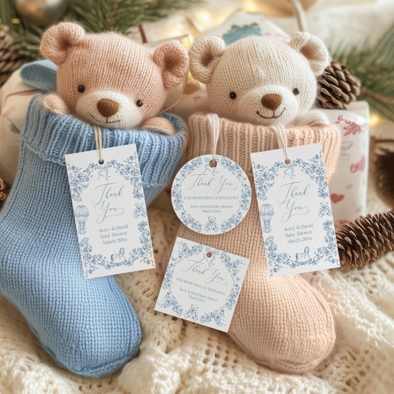 Dusty Blue Toile Baby Shower Favor Tag, Vintage Bear Decor (PDF)
