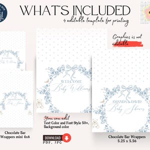 May include: Four printable templates for chocolate bar wrappers featuring a blue and white floral design with a teddy bear and the text "Welcome Baby Williams" and "Amanda & David Baby Shower".