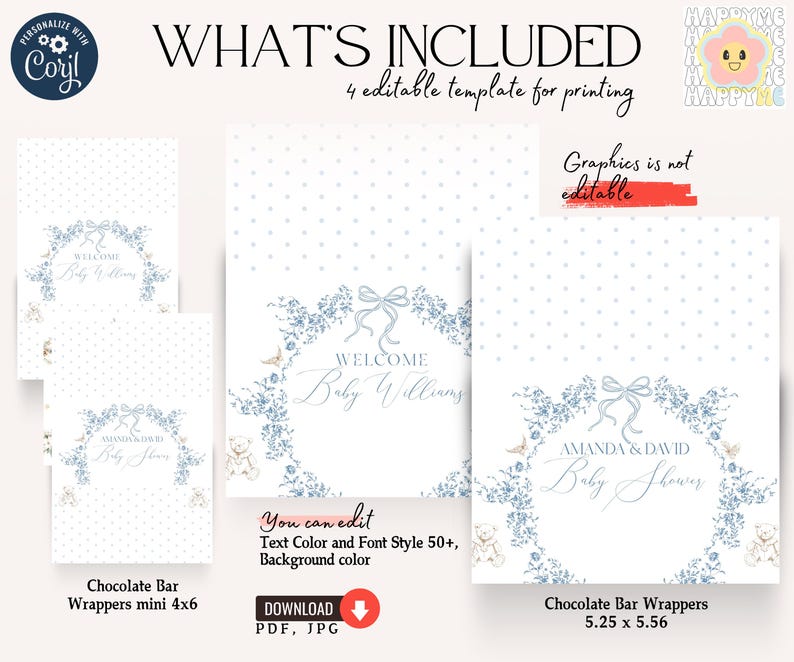 May include: Four printable templates for chocolate bar wrappers featuring a blue and white floral design with a teddy bear and the text "Welcome Baby Williams" and "Amanda & David Baby Shower".