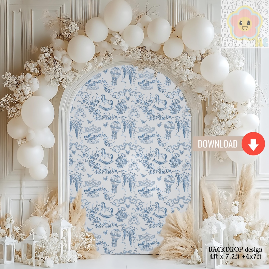 Toile Vintage Carousel Bow Baby Shower Backdrop, Classic Preppy Bear ...