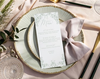 Editable Menu Toile Sage Green Baby Shower, Printable Elegant Floral Card Download