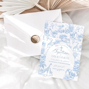 May include: A baptism invitation with a blue and white safari animal design. The invitation includes the text "Baptism of David Smith" and RSVP information. An envelope with a gold wax seal is also present.