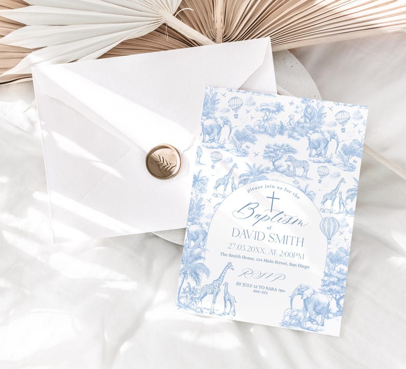 May include: A baptism invitation with a blue and white safari animal design. The invitation includes the text "Baptism of David Smith" and RSVP information. An envelope with a gold wax seal is also present.