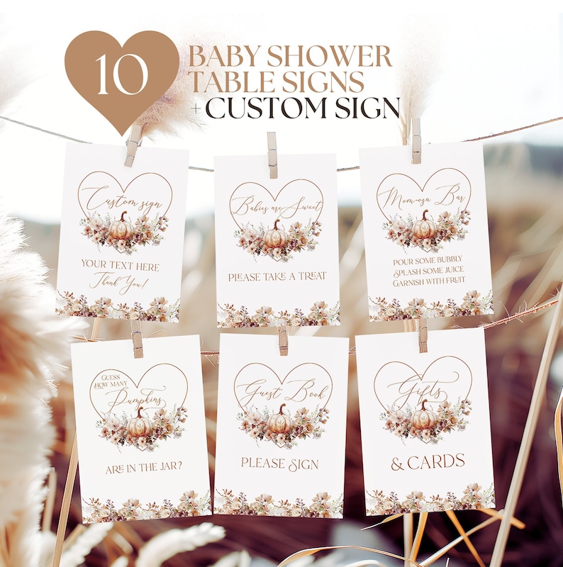 Fall in Love Baby Shower Table Sign, Pumpkin Printable Sign Bundle, Terracotta Floral Fall Baby Shower Favor Sign, Diaper Raffle Game