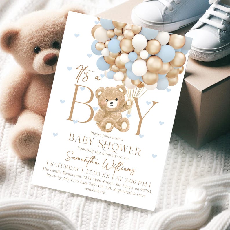 Bearbeitbar Es ist ein Junge-Babyparty-Einladung, Teddybär Blauer Ballon Vorlage Druckbare Digitaler Download Bild 2