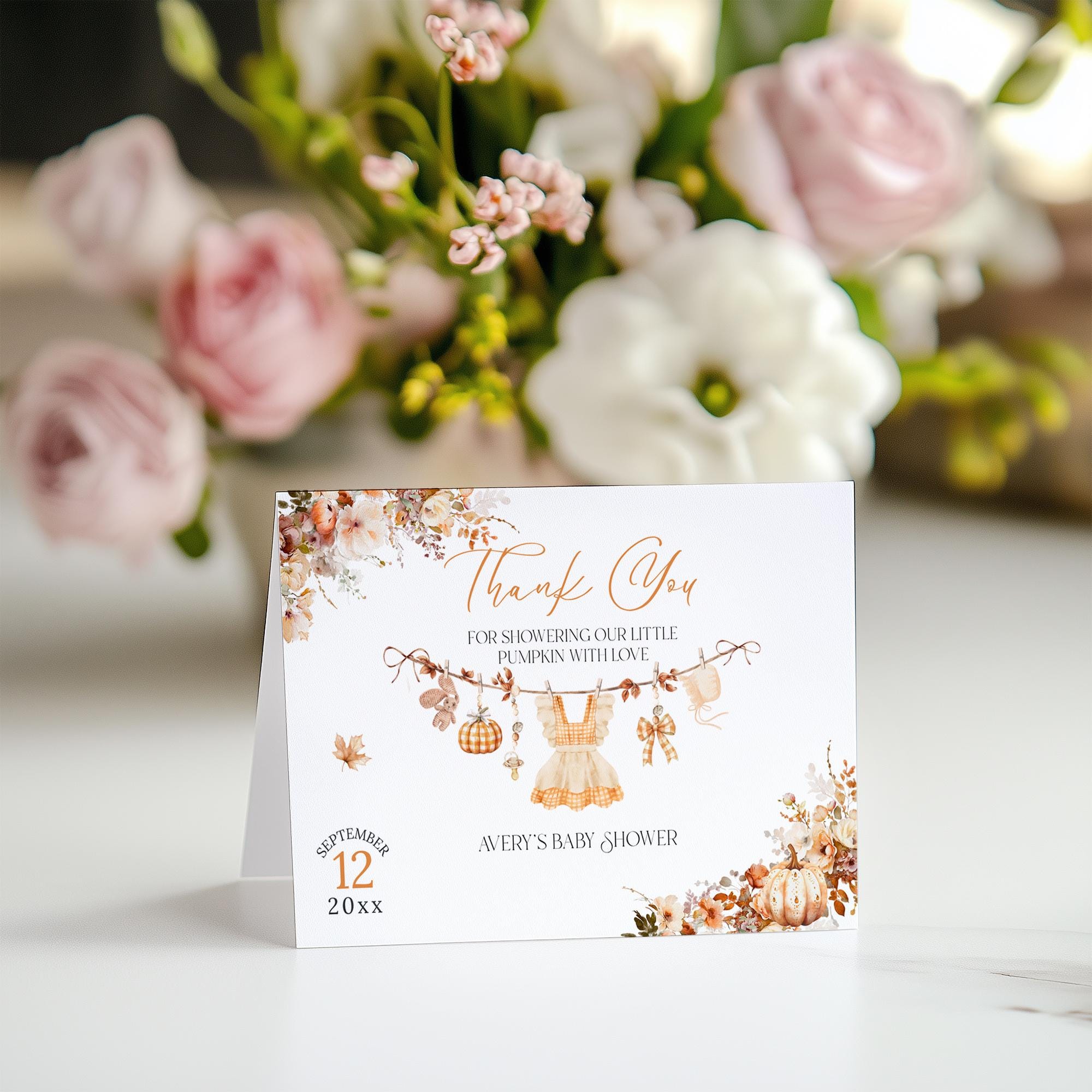 Editable Pumpkin Thank You Card Template, Fall Floral Bow Girl Baby ...