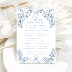 Zou mama liever babyshowerspel, wie kent mama het beste, gameboy babyshower, bewerkbare sjabloon, toile de jouy-babyshower, stoffig blauw