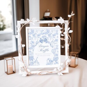 Luierloterijbord en kaart, blauwe toile-safari babyshower babyshower, Frans Toile de Jouy-bord, safari dierenluier Rrrffle spelbord afdrukbaar