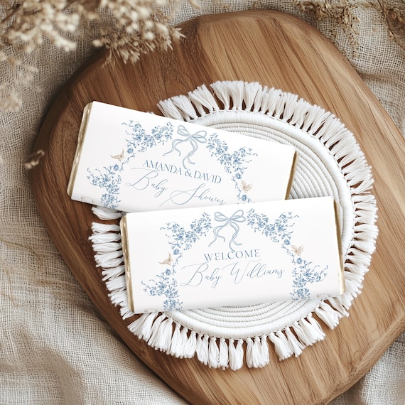 Toile Chocolate Wrappers Printable, Blue & Brown Toile Baby Shower Wrap, Elegant Chocolate Label, Baby Shower Favors, Classic Teddy Bear