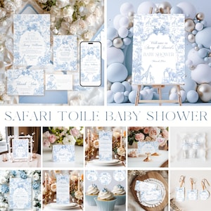 Pacchetto Baby Shower Safari Blue Toile, Modelli di invito con fiocco floreale blu francese vintage, Tema animali safari, Pacchetto giochi stampabili