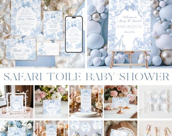 Blauer Toile Safari-Babyparty-Bundle, Vintage-Französisch Alle Blauer Blumenbogen-Einladungsvorlagen, Safari-Tierthema, druckbare Spiele