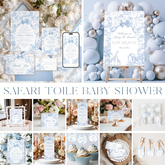 Blue Toile Safari Baby Shower Bundle, Vintage French All Blue Floral Bow Invitation Templates, Safari Animal Theme, Printable Games Bundle