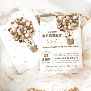 Wir können kaum warten bearbeitbare Braunbär-Babyparty-Einladung, Bären-Thema-Babyparty-Digital einladen, Heißluftballon, sofortiger Download