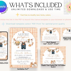 Puede incluir: Una plantilla digital de invitaci&oacute;n a un baby shower con tem&aacute;tica oto&ntilde;al. El dise&ntilde;o incluye una calabaza, un peto y hojas de oto&ntilde;o. La plantilla incluye una invitaci&oacute;n, tarjetas de agradecimiento y tarjetas de solicitud de libro. La invitaci&oacute;n es de 12,7 cm x 17,8 cm.