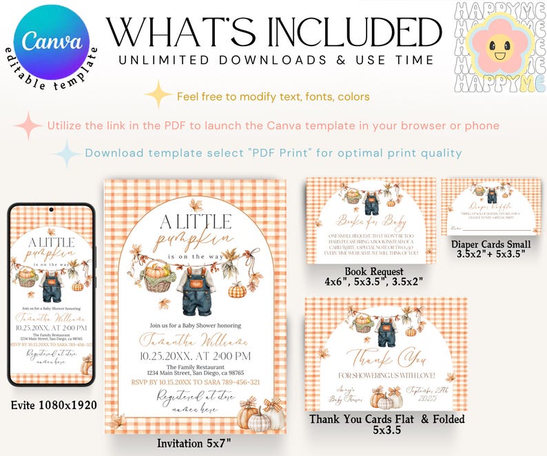 Puede incluir: Una plantilla digital de invitaci&oacute;n a un baby shower con tem&aacute;tica oto&ntilde;al. El dise&ntilde;o incluye una calabaza, un peto y hojas de oto&ntilde;o. La plantilla incluye una invitaci&oacute;n, tarjetas de agradecimiento y tarjetas de solicitud de libro. La invitaci&oacute;n es de 12,7 cm x 17,8 cm.