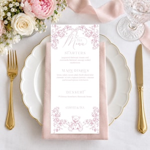 Editable Menu Pink Toile Baby Shower Girl, Classic Teddy Bear Printable, Elegant Floral Bow Decor
