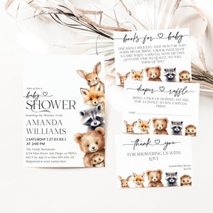 Woodland Baby Shower Digital Invitation Bundle, Cute Aquarelle Animaux Gender Neutral Invite, Carte de remerciement moderne, Billet de tombola de couches