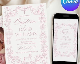 Pink Toile Girls Baptism Invitation Template, Elegant French Floral Christening Invite, Classic Baptism Digital Evite for Phone, Canva