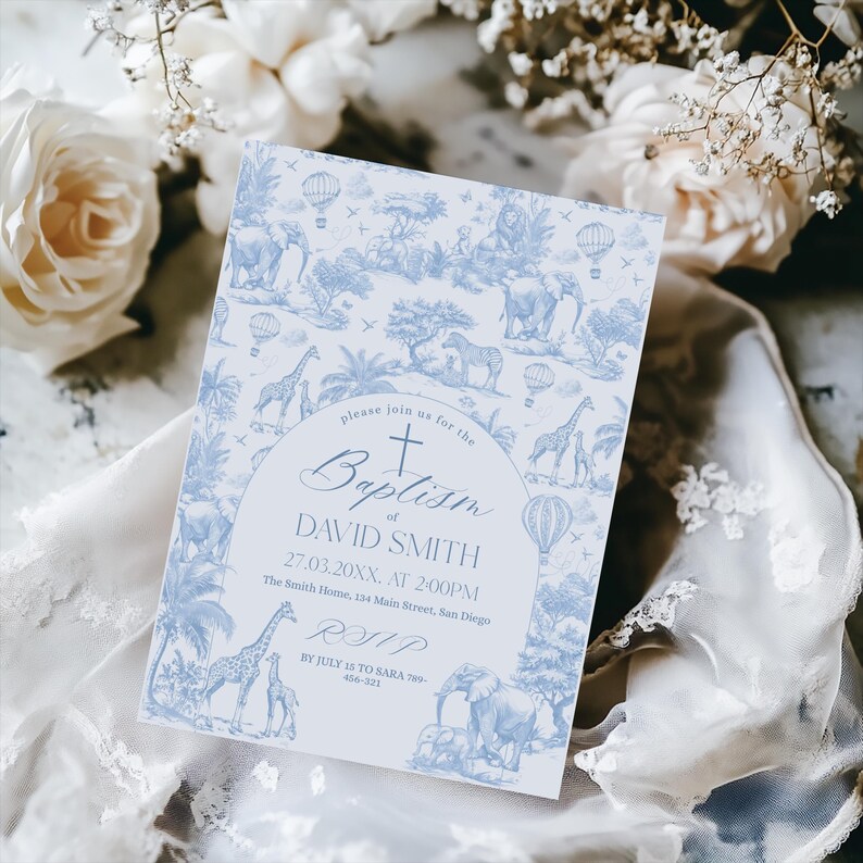 May include: A baptism invitation with a light blue toile pattern featuring elephants, giraffes, and hot air balloons. The invitation includes the text "Baptism of David Smith" and RSVP information.