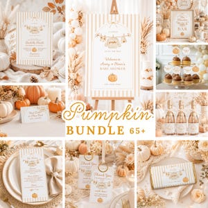 May include: A digital pumpkin-themed baby shower stationery bundle featuring invitations, welcome signs, menus, thank you tags, and candy bar wrappers. The designs display beige vertical stripes, watercolour pumpkin illustrations, and baby clothing graphics.