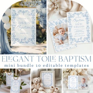 May include: A collection of elegant blue and white baptism templates. The set includes a welcome sign, invitations with a baby photo, thank you cards, and table settings. The designs feature floral and cross motifs, with the text "Welcome to David's Baptism".