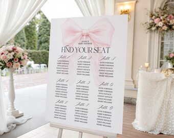 Baby Shower Seating Chart Sign, Blush Pink Bow, Coquette Style (Digital Template)