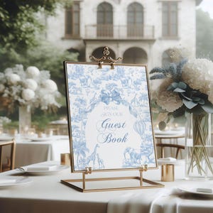 Guest Book Sign Blue Toile Safari Baby Boy Shower, French Toile De Jouy Bar Table Sign to Edit, Baby Shower Sign Printable, Safari Animal