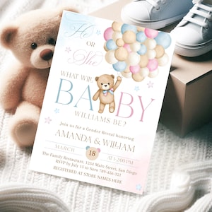 We Can Bearly Wait Invito per rivelare il sesso del bambino, inviti a tema orso lui o lei, palloncino rosa blu orsetto, modello modificabile per festa per bambino o bambina
