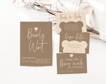 Paquete de invitación editable para baby shower de oso, podemos esperar con paciencia, invitaciones digitales de oso de género neutro, tiket de rifa de pañales, tarjeta de agradecimiento