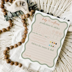 Carte de jeu modifiable de prédictions et de conseils de bébé, téléchargement de jeu de baby shower moderne, jeu personnalisé imprimable, frontière de vague neutre rétro