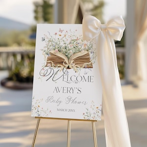 Letrero de bienvenida &quot;Nuevo Capítulo&quot;, letrero imprimible para baby shower con temática de cuento de hadas, decoración para fiesta con temática de mariposas y flores silvestres, descarga digital
