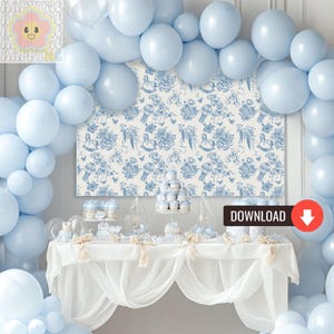 Sfondo per baby shower in toile blu polvere, elegante striscione per feste con motivo toile, decorazione classica per baby shower con orsetto di peluche, download stampabile